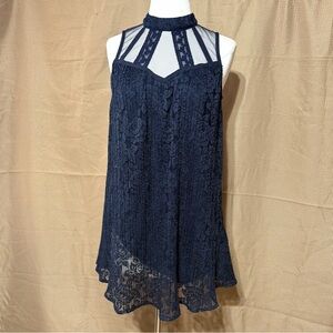 Speechless Navy Lace High-Neck Swing Mini Dress